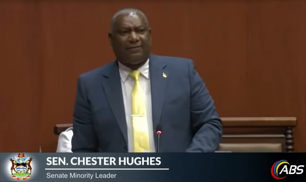 chester hughes talking in parliament blue grey suit with yellow tie abs name tag and logo